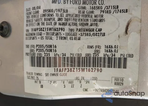 2005 Ford Focus Zx4 from USA, damaged, VIN 1FAFP38Z15W162790